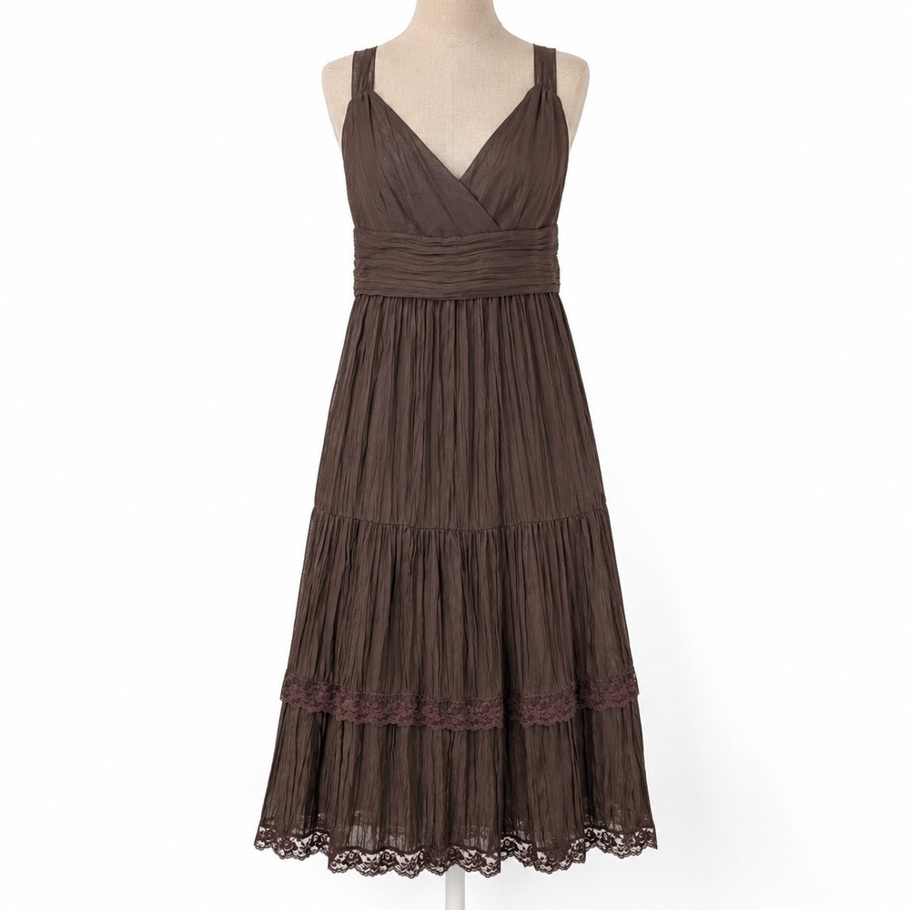 Y2K Tiered Lace Babydoll Dress Size S Brown Boho Sleeveless Fairy Grunge Indie